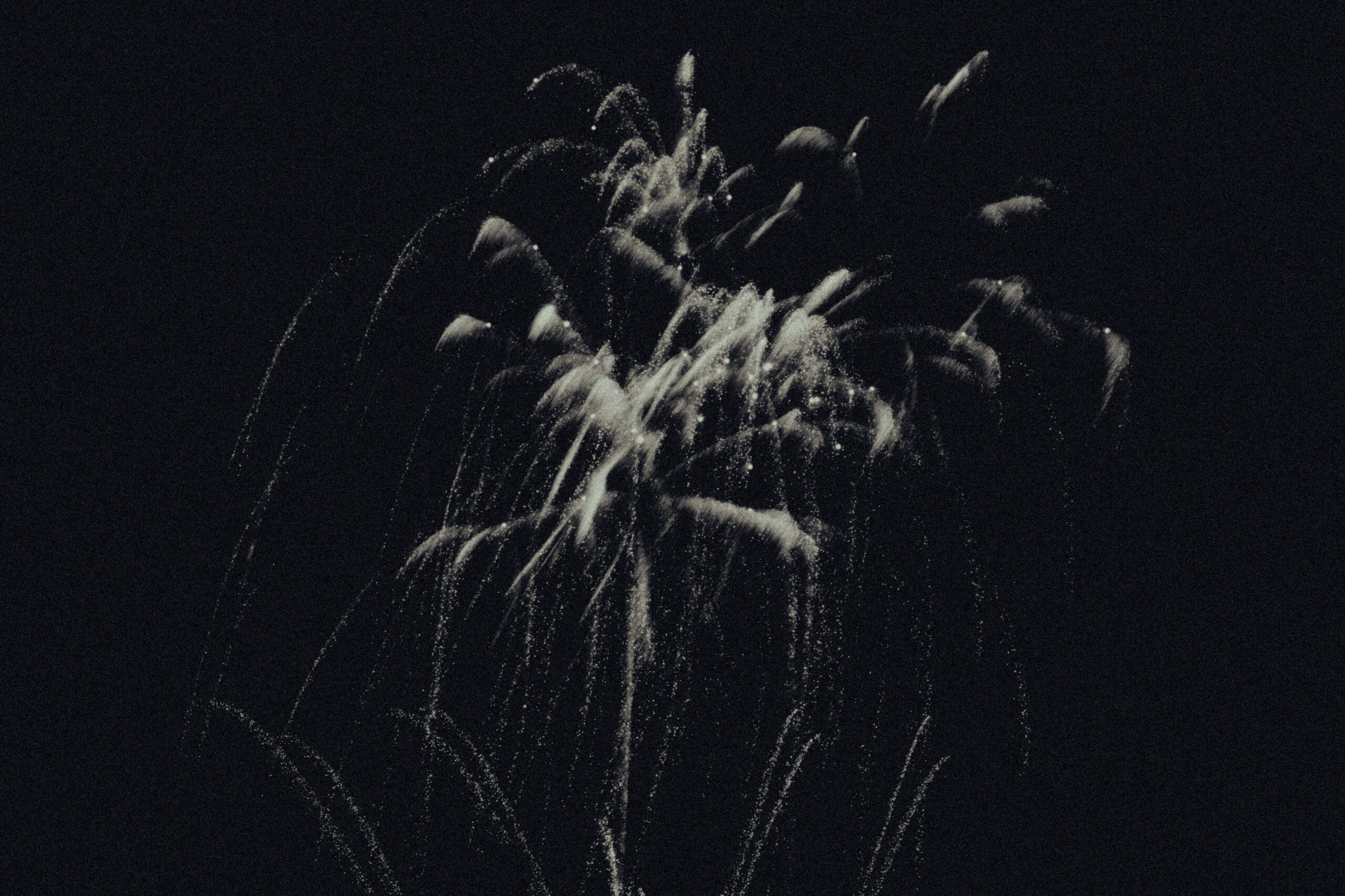 a black and white photo of fireworks in the night sky